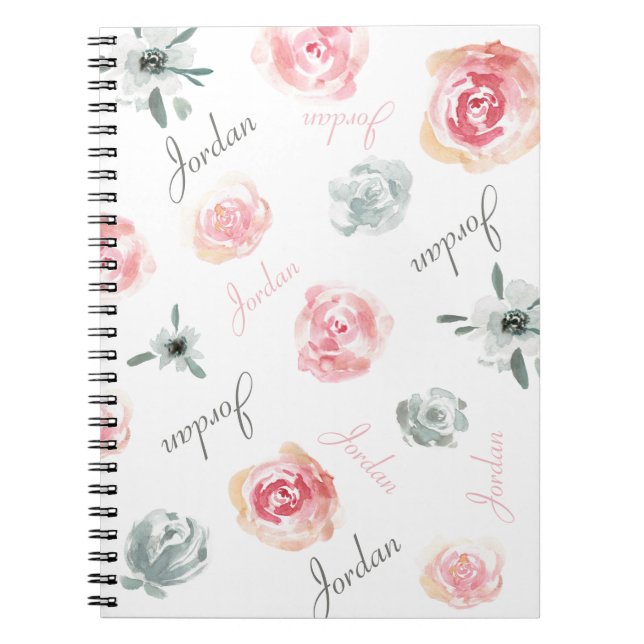 Boho Chic pink Wasserfarbenflorale wiederholte Nam Notizblock (Vorderseite)