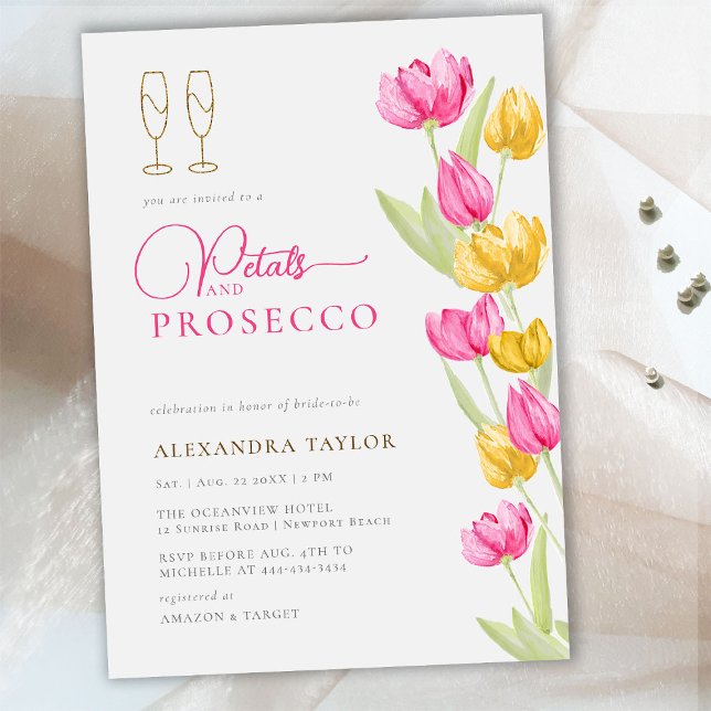Boho Chic Pink Yellow Tulips Gold Petals Prosecco Einladung (Von Creator hochgeladen)
