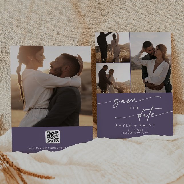 Boho Chic Plum Lila QR-Code für Multi-Foto Save The Date (Von Creator hochgeladen)