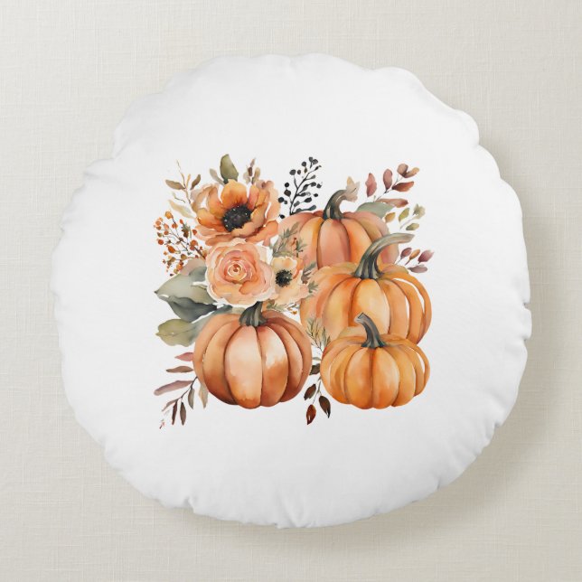 Boho Chic Pumpkin and Floral Patterns Erntedank Rundes Kissen (Vorderseite)