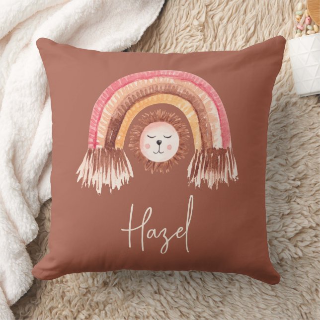 Boho Chic Rainbow Lion Baby Name Terracotta Kissen (Decke)