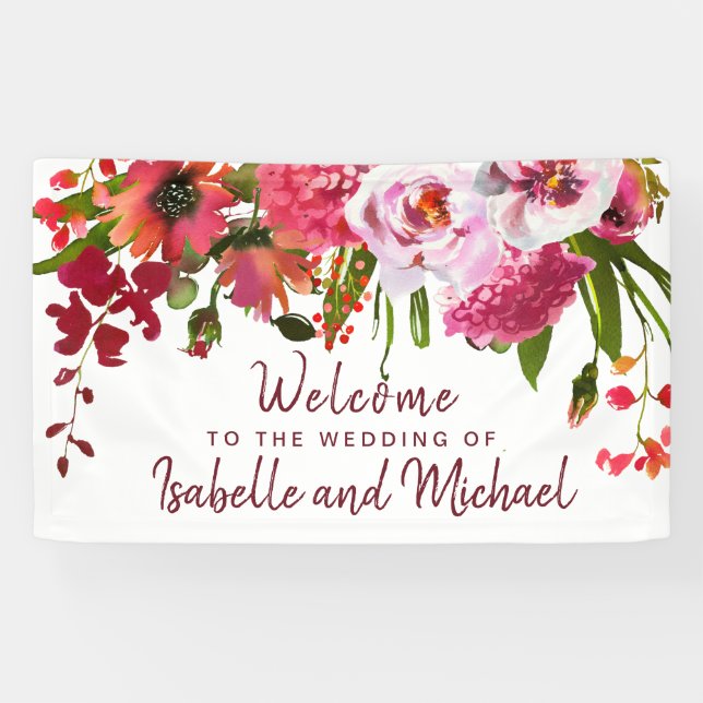 Boho Chic Red Hydrangea, Pink Rose Wedding Willkom Banner (Horizontal)