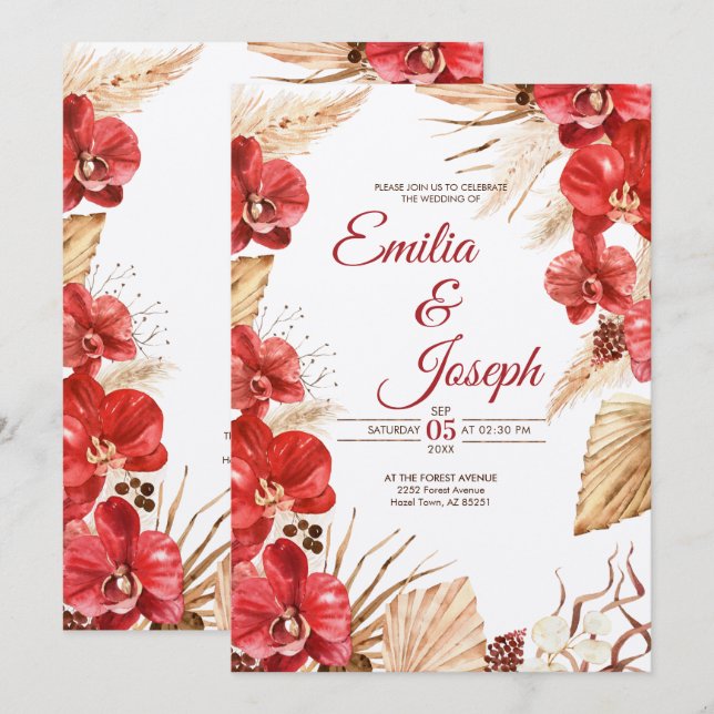 Boho chic red orchid Hochzeit im Herbst Einladung (Vorne/Hinten)
