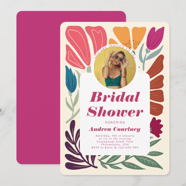 Boho Chic Retro Brautparty Foto Einladung (Vorne/Hinten)