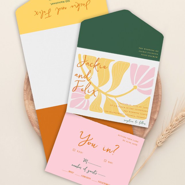 Boho Chic Retro Bright Blumenfarbene Hochzeit All In One Einladung (Boho Chic Retro Bright Floral Colorful Wedding All In One Invitation)