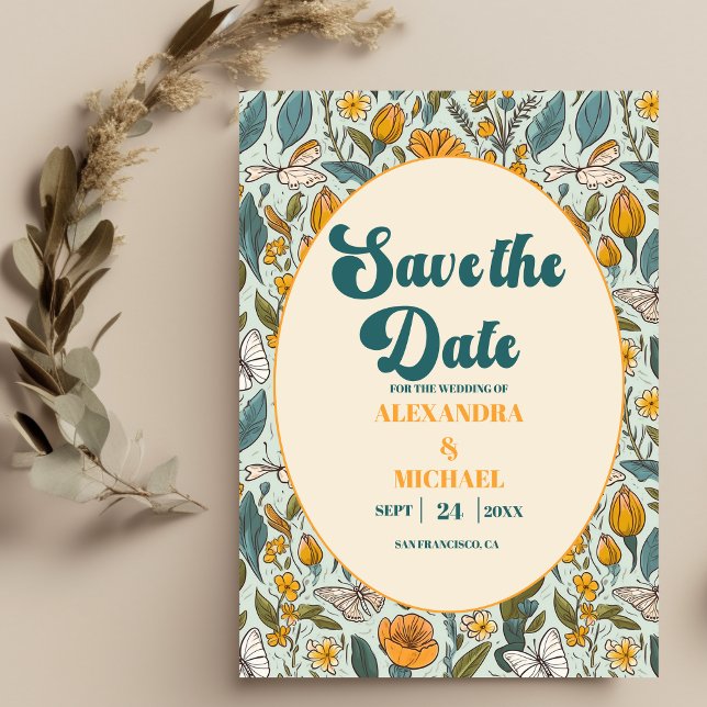 Boho Chic Retro farbenfrohe blumenreiche Hochzeit Save The Date (Von Creator hochgeladen)