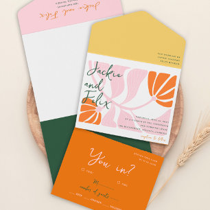 Boho Chic Retro Farbige Blumige Hochzeitseinladung All In One Einladung