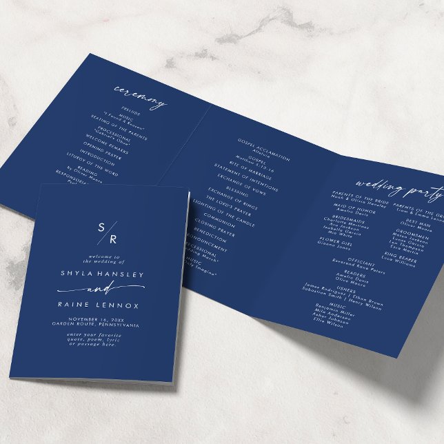 Boho Chic Royal Blue Monogram Wedding Dreifach-gefaltete Programmkarte (Von Creator hochgeladen)