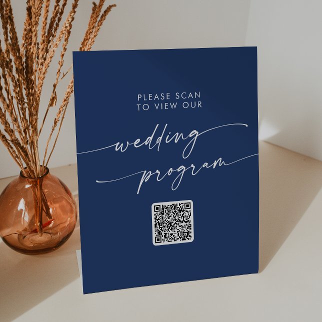Boho Chic Royal Blue QR Code Wedding Program Sockelschild (Von Creator hochgeladen)