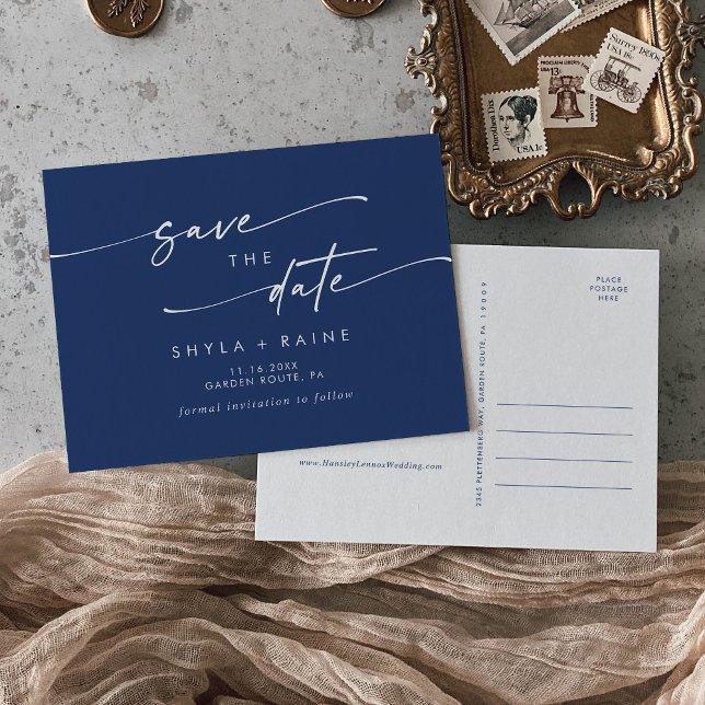 Boho Chic Royal Blue Wedding Save the Date Einladungspostkarte (Von Creator hochgeladen)