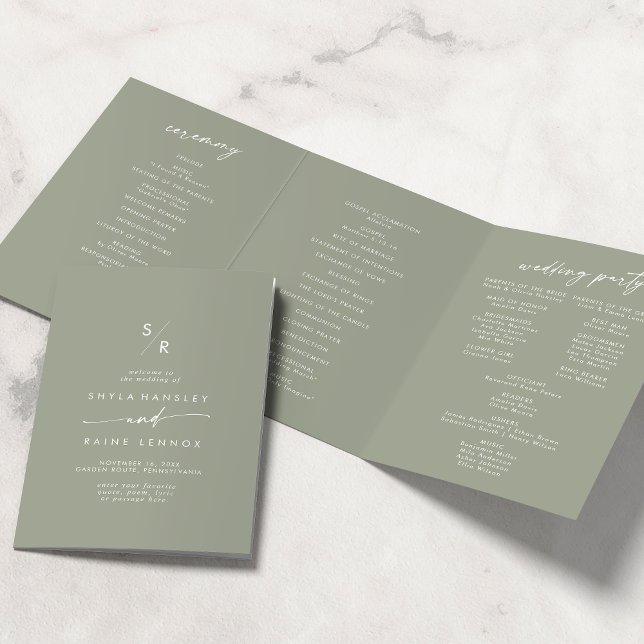 Boho Chic Sage Green Monogram Wedding Dreifach-gefaltete Programmkarte (Von Creator hochgeladen)