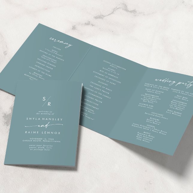 Boho Chic Seafoam Aquamarin Monogram Wedding Dreifach-gefaltete Programmkarte (Von Creator hochgeladen)