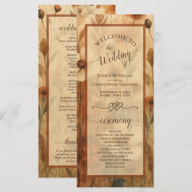 Boho Chic Sienna Wildflowers Elegant Wedding Programm (Vorne/Hinten)