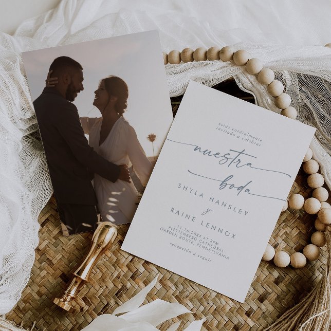 Boho Chic Slate Blue Foto Spanish Wedding Einladung (Von Creator hochgeladen)