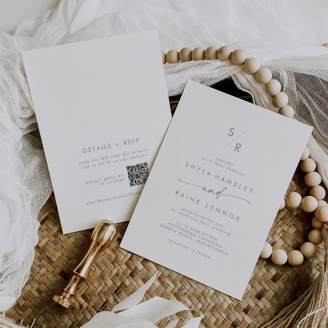 Boho Chic Slate Blue Monogram QR Code Wedding Einladung (Von Creator hochgeladen)