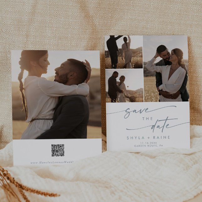 Boho Chic Slate Blue Multi Foto QR Code Save The Date (Von Creator hochgeladen)