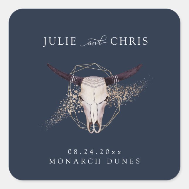 Boho Chic Steer Skull Wedding Quadratischer Aufkleber (Vorderseite)