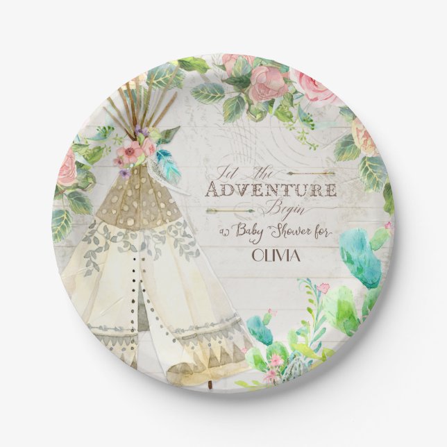 BOHO Chic Teepee Cactus Baby Girl Shower Wood Art Pappteller (Vorderseite)