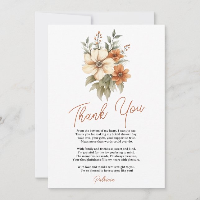 Boho Chic Terracotta Floral Bouquet Brautparty Dankeskarte (Vorderseite)