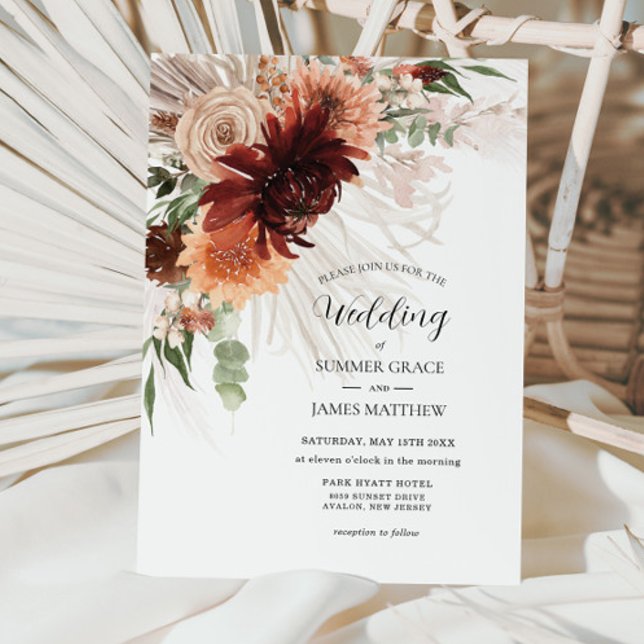 Boho Chic Terracotta Floral Pampas Grass Wedding Einladung (Von Creator hochgeladen)