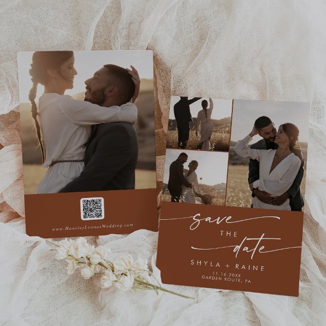 Boho Chic Terracotta Multi Foto QR Code Save The Date (Von Creator hochgeladen)