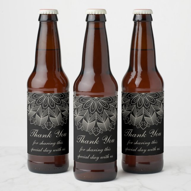 Boho Chic Thank You Mandala Indian Black Wedding Bierflaschenetikett (Flaschen)