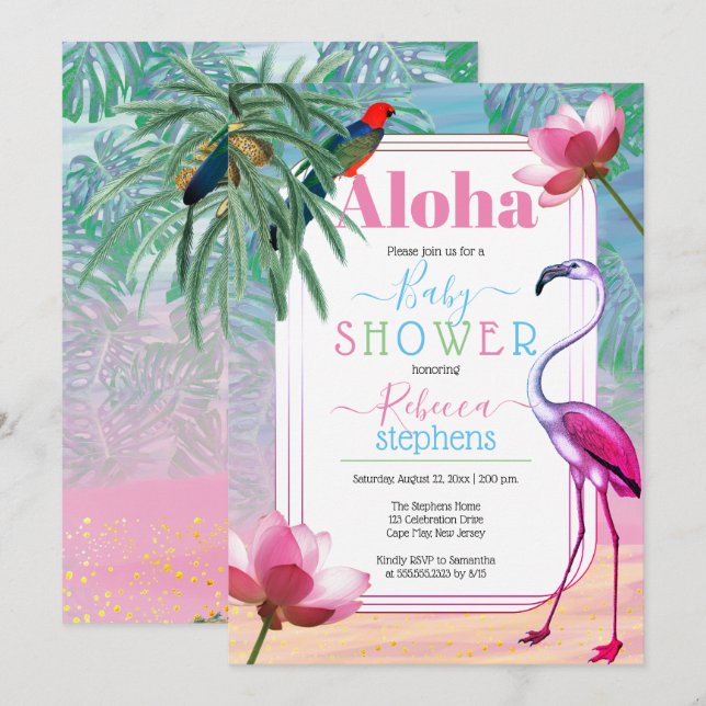 Boho Chic Tropical Beach Watercolor Babydusche Einladung (Vorne/Hinten)