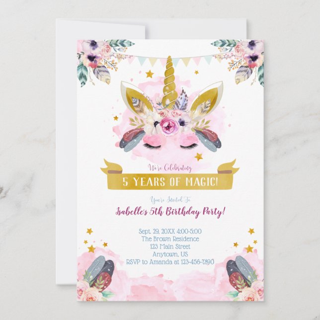 Boho Chic Unicorn Face Birthday Einladung (Vorderseite)