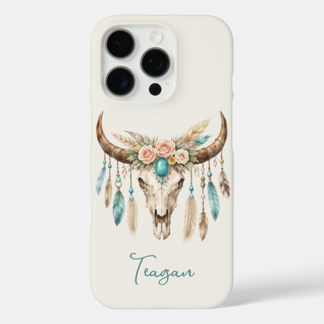 Boho-Chic-Wasserfarben-Blumen-Kuh-Schädel iPhone 16 Pro Hülle (Rückseite)