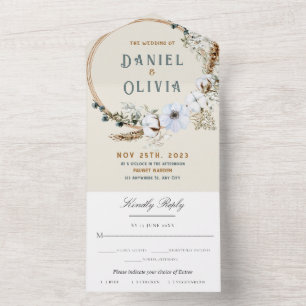 Boho-Chic-Wasserfarben-Blumenhochzeit All In One Einladung