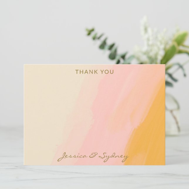 Boho Chic Watercolor Abstrakt Pink Yellow Wedding Dankeskarte (Stehend Vorderseite)