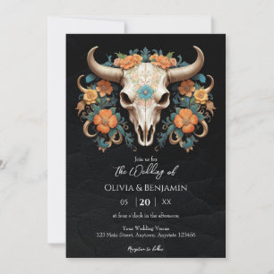 Boho Chic Watercolor Blumenkuh Skull Hochzeit Einladung