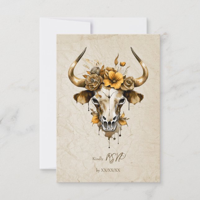 Boho Chic Watercolor Blumenkuh Skull Hochzeit RSVP Karte (Vorderseite)