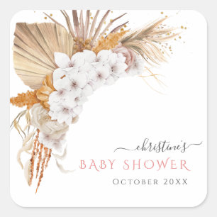 Boho Chic Watercolor Floral Baby Dusche Quadratischer Aufkleber