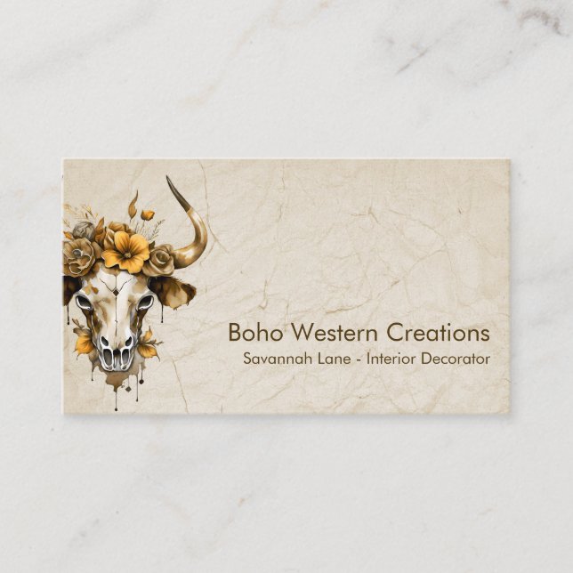 Boho Chic Watercolor Floral Cow Skull Visitenkarte (Vorderseite)