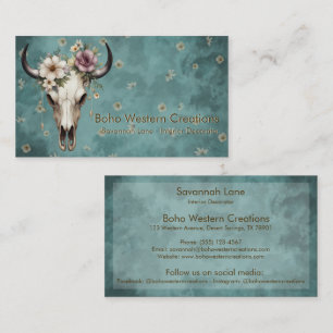 Boho Chic Watercolor Floral Cow Skull Visitenkarte