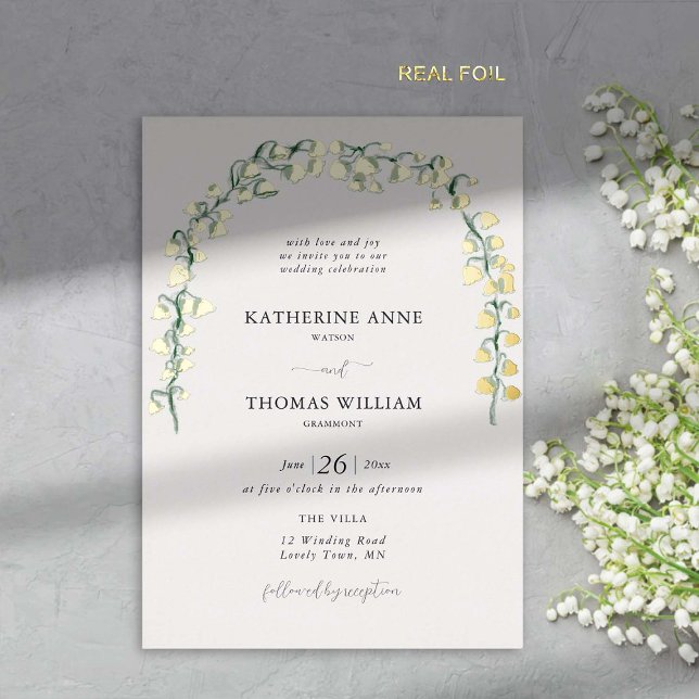 Boho Chic Watercolor Lily Valley Wedding Arch Gold Folieneinladung (spring wedding invitation card lily valley watercolor fine art hand drawn gold foil romantic boho)