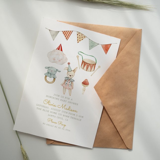 Boho Chic Watercolor Mushroom & Toys Kinderdusche Einladung (Von Creator hochgeladen)