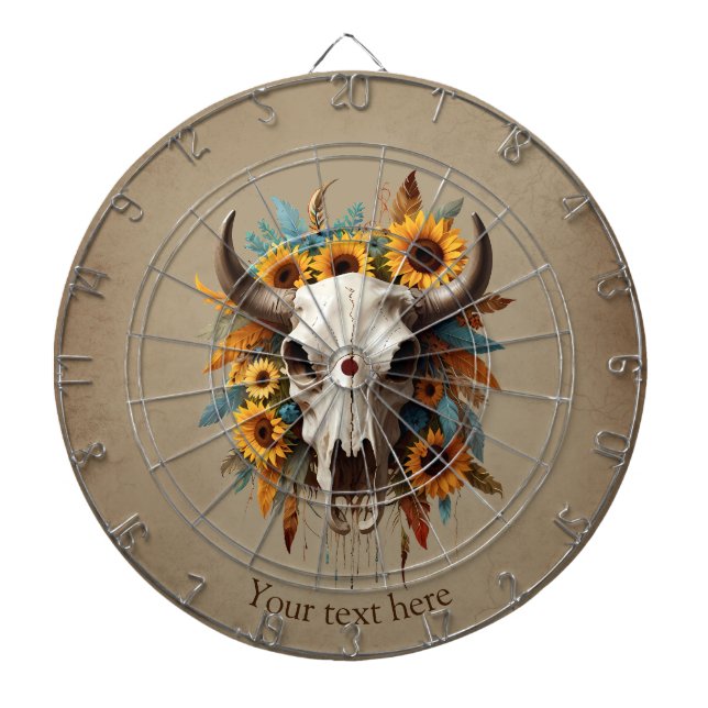 Boho Chic Watercolor Sonnenblumen Feder Kuh Skull Dartscheibe (vorne)