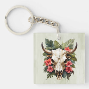 Boho Chic Watercolor Tropischer Kuhschädel Schlüsselanhänger