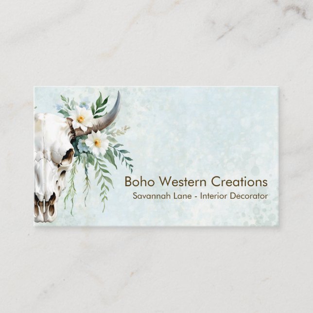 Boho Chic Watercolor White Floral Cow Skull Visitenkarte (Vorderseite)