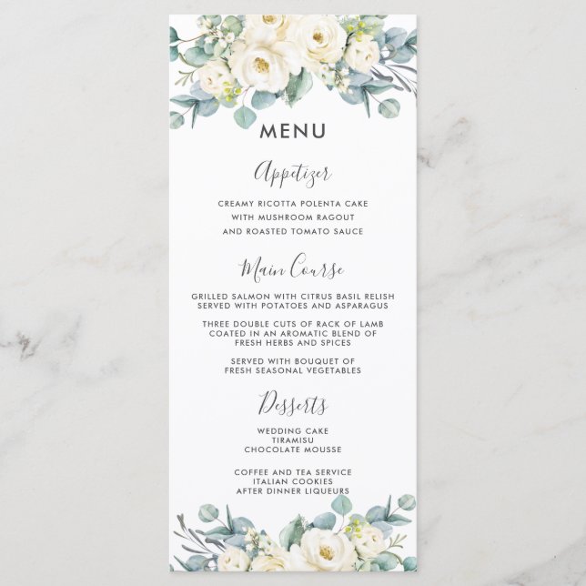 Boho Chic White Floral Eucalyptus Wedding Menu Programm (Vorderseite)
