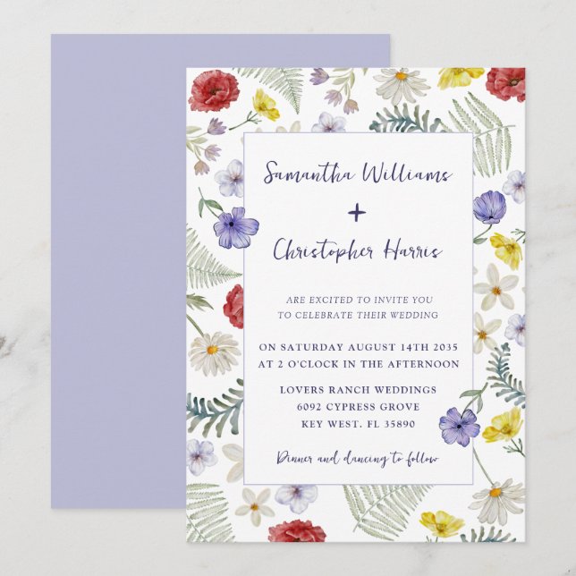 Boho Chic Wild Blume Watercolor Wedding Einladung (Vorne/Hinten)