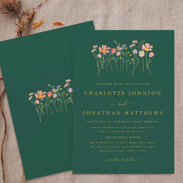 Boho Chic Wildblume Fall Green & Gold Wedding Einladung (Boho fall Wildflower floral green & gold Wedding invitation Elegant modern watercolor autumn flowers)