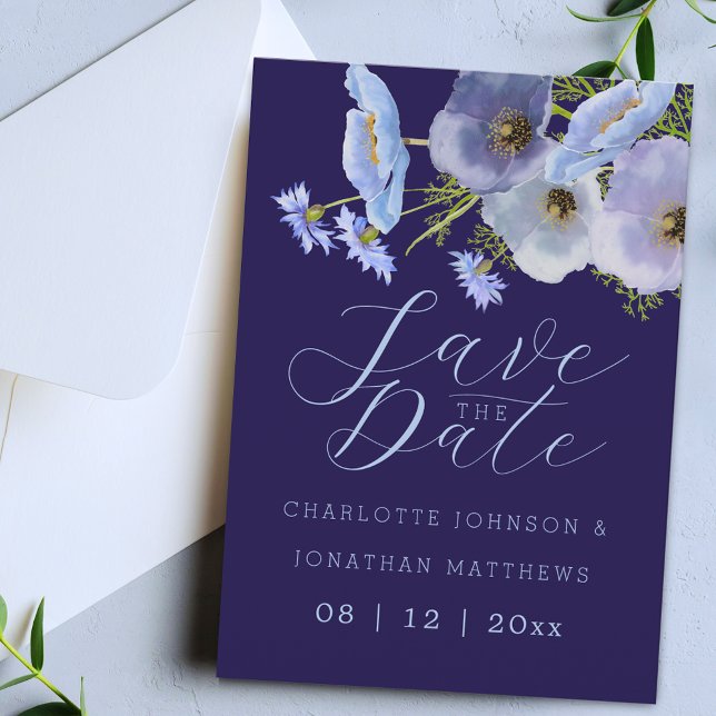 Boho Chic Wildblumen Blumen Navy Blau Hochzeit Save The Date (Boho chic wildflower bouquet watercolor blue floral navy blue wedding save the date invitation)