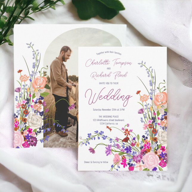Boho chic Wildblumen Drehbuch Foto Hochzeit Einladung (Boho chic wildflowers script photo wedding invitation)