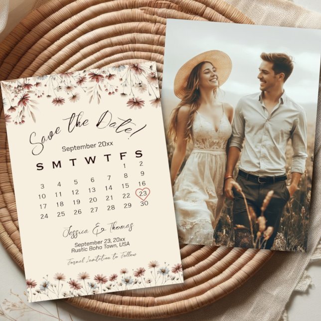 Boho Chic Wildblumen Hochzeiten Kalender & Foto Save The Date (Front/Back)