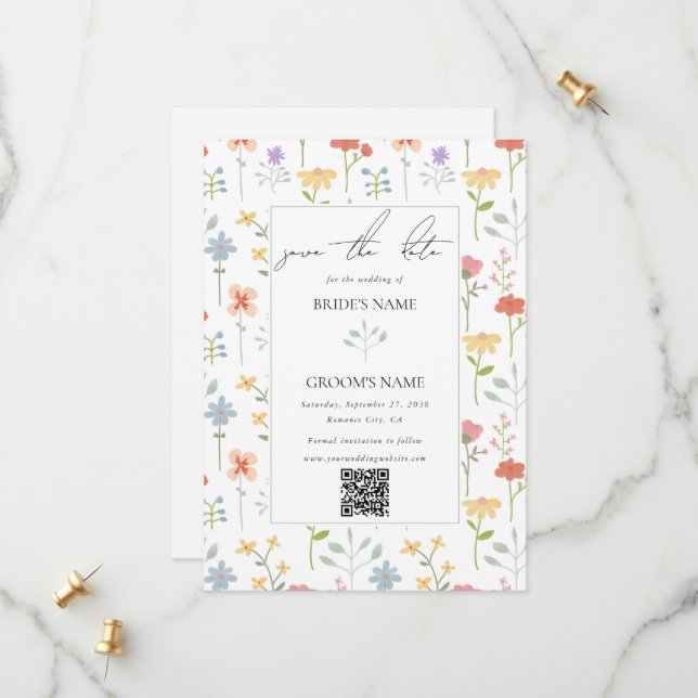 Boho Chic Wildblumen Moderne Blumenhochzeit Save The Date (Vorderseite/Rückseite Beispiel)