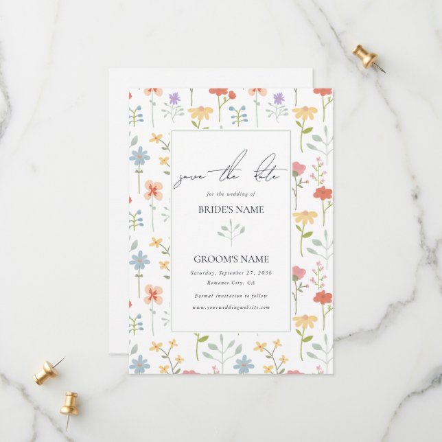 Boho Chic Wildblumen Moderne Blumenhochzeit Save The Date (Vorderseite/Rückseite Beispiel)