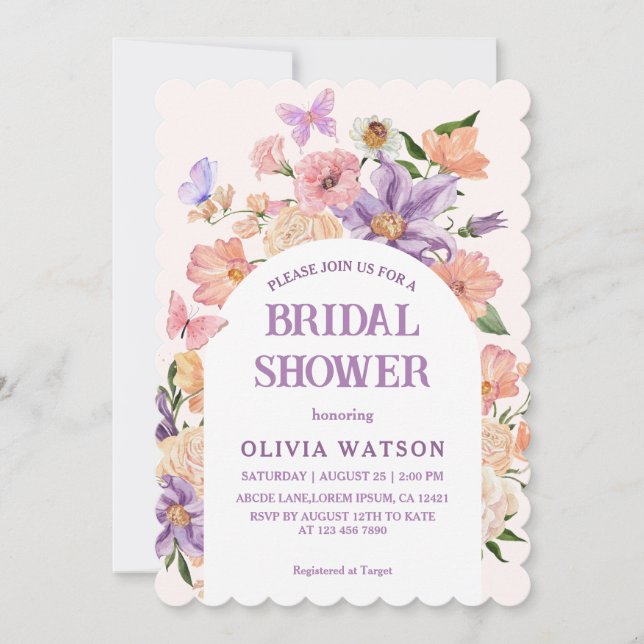 Boho chic Wildblumen Schmetterlinge Brautparty Einladung (Vorderseite)